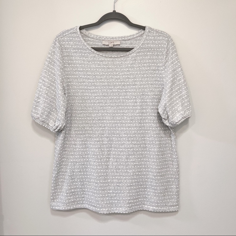 LOFT Gray White Swiss Dot Puff Sleeve Top Size L